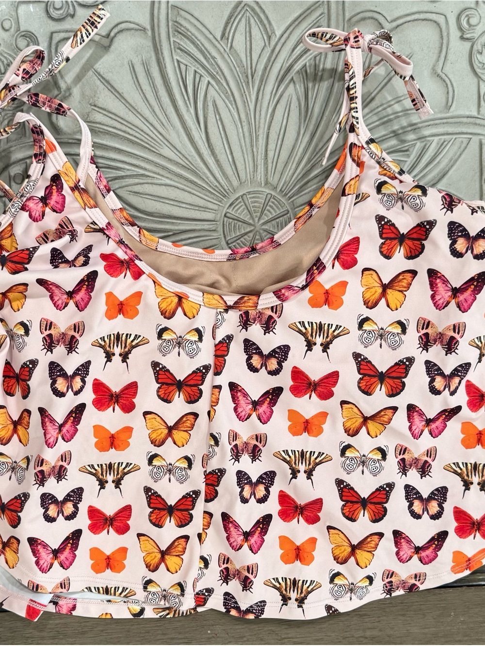 Kortni Jeane Butterfly Print Bikini Top in White, Orange, Pink, Yellow, Black